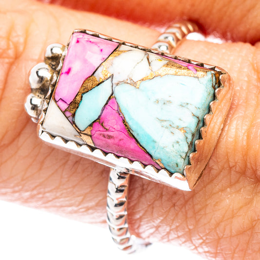 Sterling silver ring with pink, white, and turquoise mosaic stone top