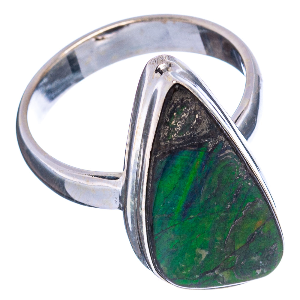 Sterling silver ammolite ring, green oval teardrop stone on raised frame