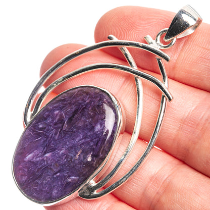 Oval charoite gemstone pendant in 925 sterling silver, curved multi-loop design