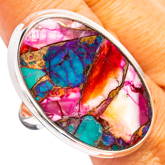 Sterling silver oval ring with pink, turquoise, and gold mosaic stone
