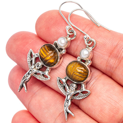 Tiger Eye, Cultured Pearl Earrings 2" (925 Sterling Silver) E433179
