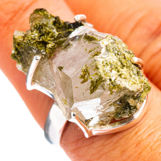 Raw epidote quartz ring with silver prongs, green and clear crystal centerpiece