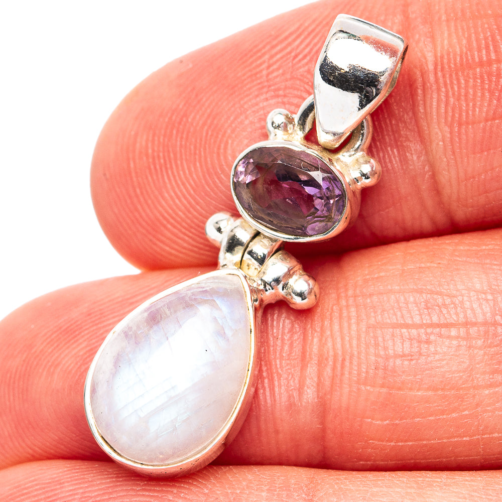 Rainbow Moonstone, Amethyst Pendant 1 1/4" (.925 Sterling Silver)