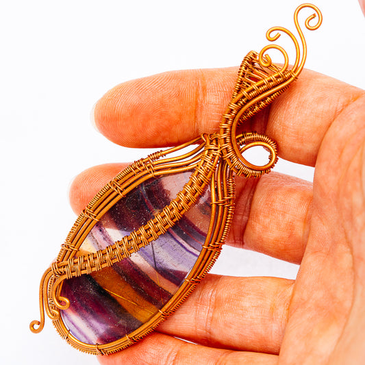 Banded Fluorite Wire Wrap Pendant 3 7/8" (Copper)
