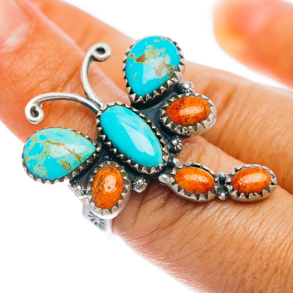 Exclusive Southwestern Style Kingman Turquoise Dragonfly, Sponge Coral Ring Size 7 Adjustable (.925 Sterling Silver)