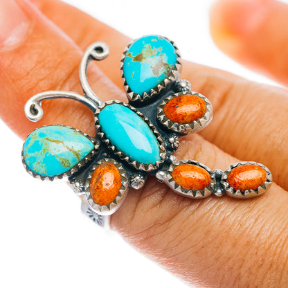 Exclusive Southwestern Style Kingman Turquoise Dragonfly, Sponge Coral Ring Size 7 Adjustable (.925 Sterling Silver)