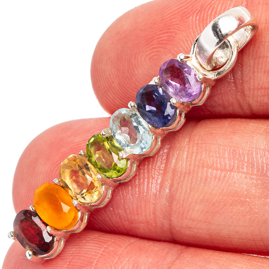 Sterling silver chakra pendant with colorful faceted gemstones and hinged bail