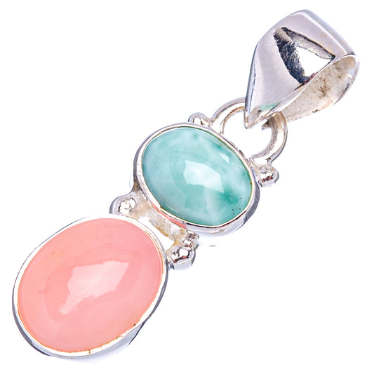 Sterling silver pendant with oval pink opal and oval turquoise-green larimar stones