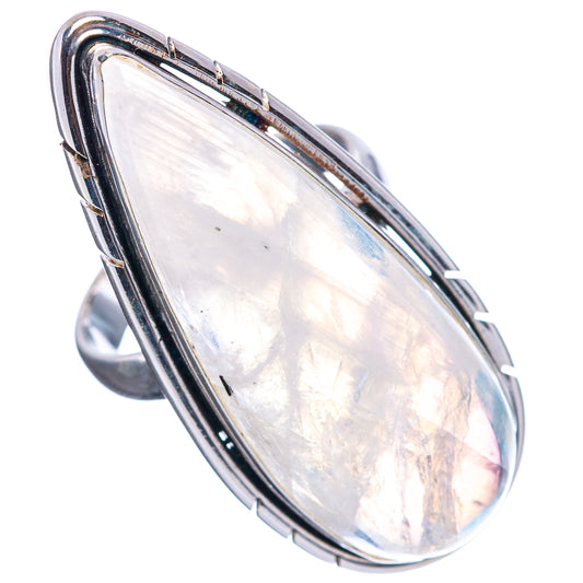 Teardrop opal moonstone ring with .925 sterling silver bezel, rainbow sheen