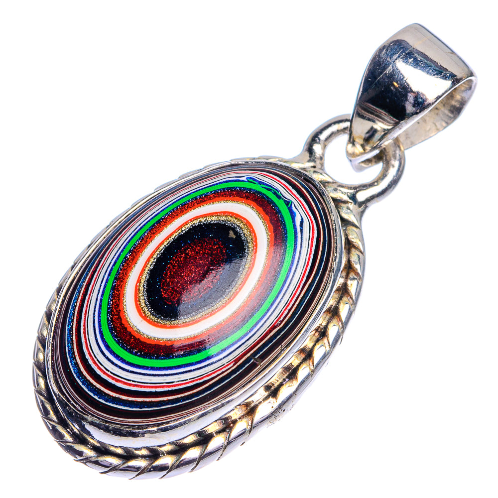 Sterling silver oval pendant with colorful concentric rings and braided edge frame