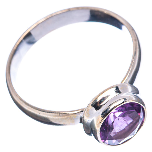 Amethyst sterling silver ring with purple round gemstone, curved band view