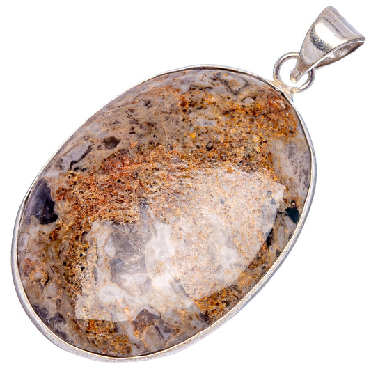 Silver-plated oval agate pendant with mottled gray, tan, and rust stone