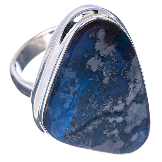 Oval boulder opal ring in polished .925 sterling silver, blue and speckled center