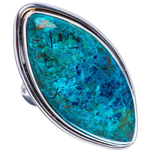 Oval shattuckite cabochon ring in .925 sterling silver, blue-green stone, size 8.75