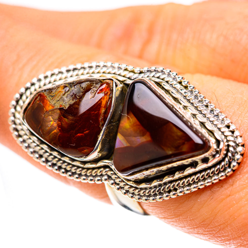 Large fire agate 925 sterling silver ring with two amber-orange triangular stones in rope bezel