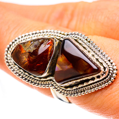 Large fire agate 925 sterling silver ring with two amber-orange triangular stones in rope bezel