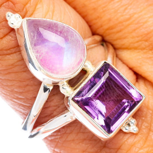 Pink Moonstone, Amethyst Ring Size 9.25 (925 Sterling Silver) R7050