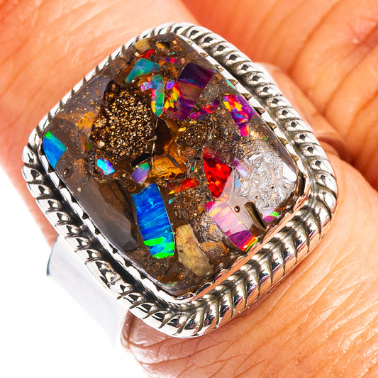 Sterling silver ring with multicolor opal matrix stone set in bezel