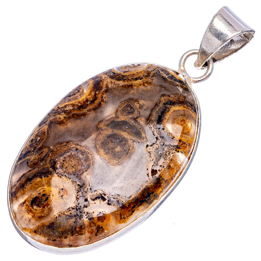 Silver-plated tube agate pendant with oval stone, brown and gray marbled pattern.