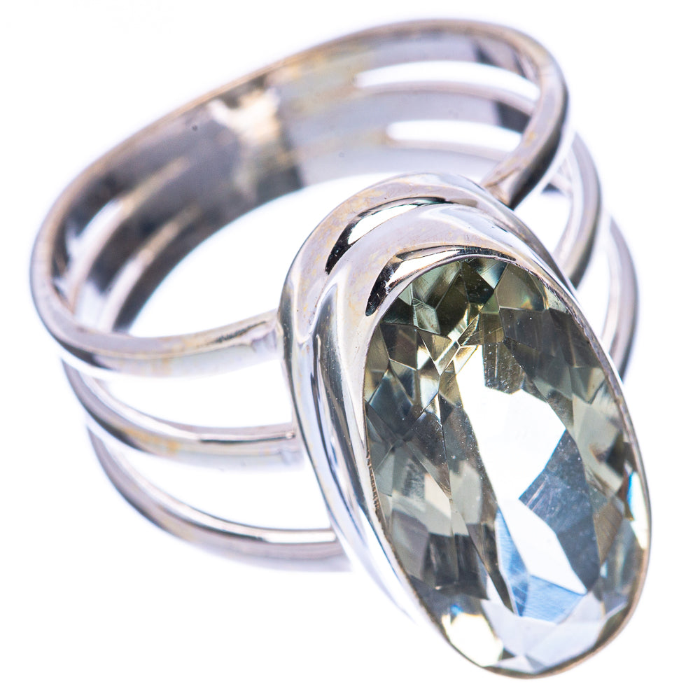 Faceted Green Amethyst Ring Size 7.5 (925 Sterling Silver) R1697
