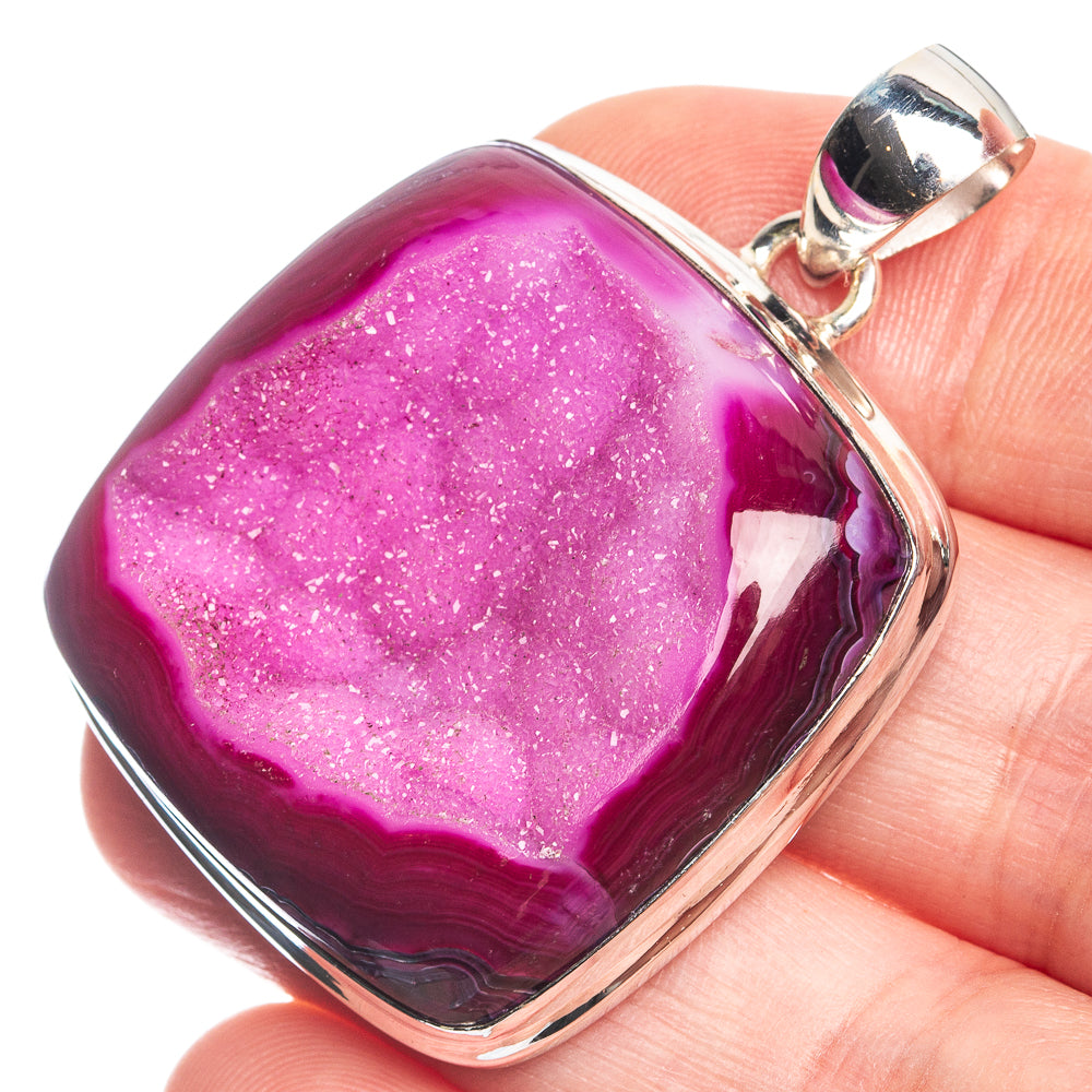 Pink Druzy 925 Sterling Silver Pendant 1 3/4"