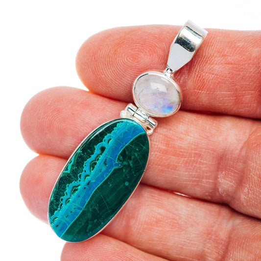 Sterling silver pendant with oval green malachite-and-chrysocolla gemstone and round moonstone cap