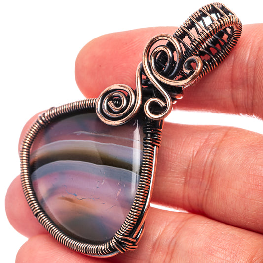 Oxidized copper wire teardrop agate pendant, banded stripes, spiral wrap