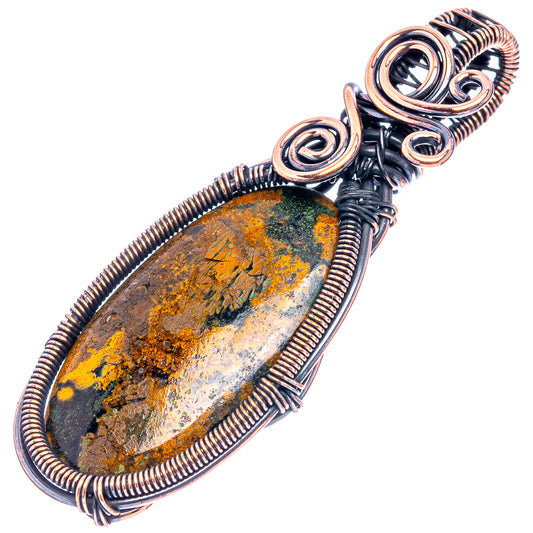 Oxidized copper wire wrap pendant with oval mottled agate, wrapped with spiral coiled wire
