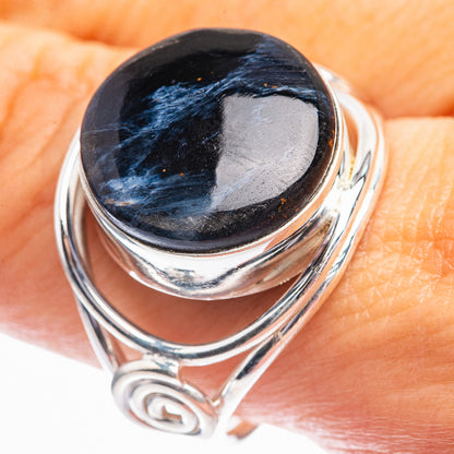 Sterling silver oval pietersite ring with dark blue cabochon, size 10