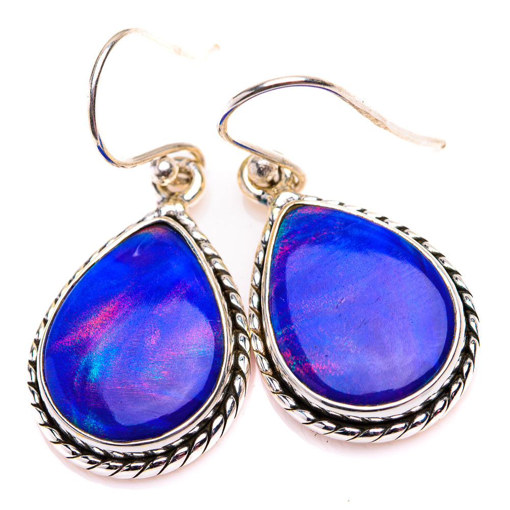 Sterling silver teardrop opal earrings, blue iridescent drop with braided edge details