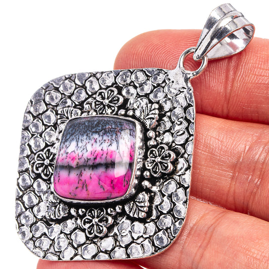 German silver heart pendant with pink opal cabochon and floral texture bail