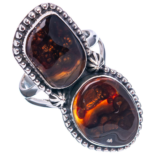 Sterling silver double oval fire agate ring with two beaded settings and leaf details