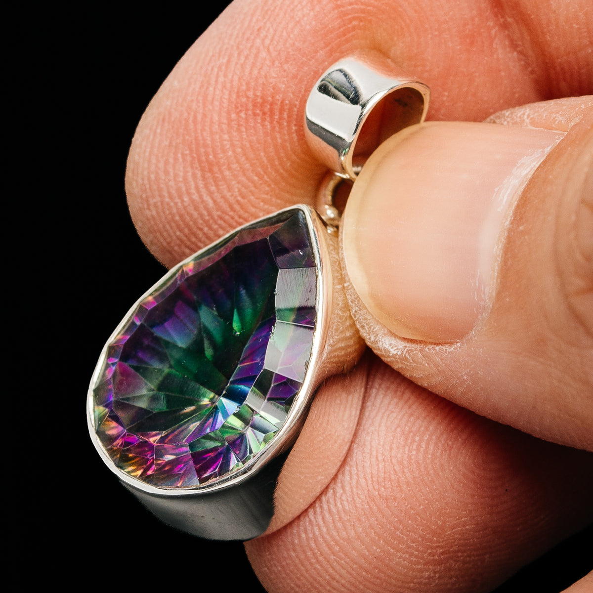 Premium 15ct Faceted Mystic Topaz Pendant 1 1/8" (.925 Sterling Silver)