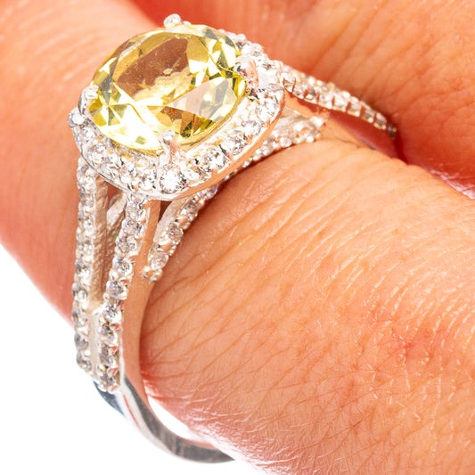 Lemon quartz and cubic zirconia sterling silver ring with oval yellow stone