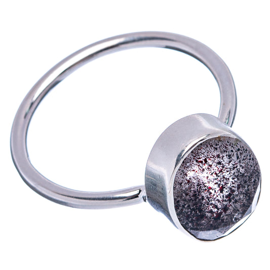 Round bezel cabochon cacoxenite ring in 925 sterling silver, dark speckled stone