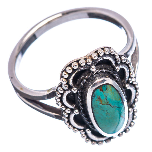 Sterling silver turquoise oval ring with raised beadwork setting, size 6.75
