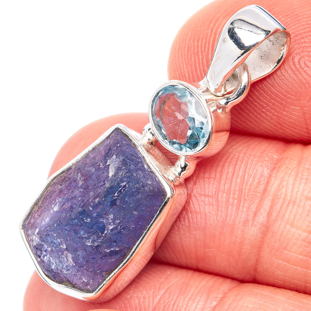 Sterling silver pendant with raw purple tanzanite and oval blue topaz, bail loop