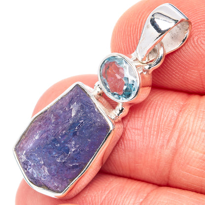 Sterling silver pendant with raw purple tanzanite and oval blue topaz, bail loop