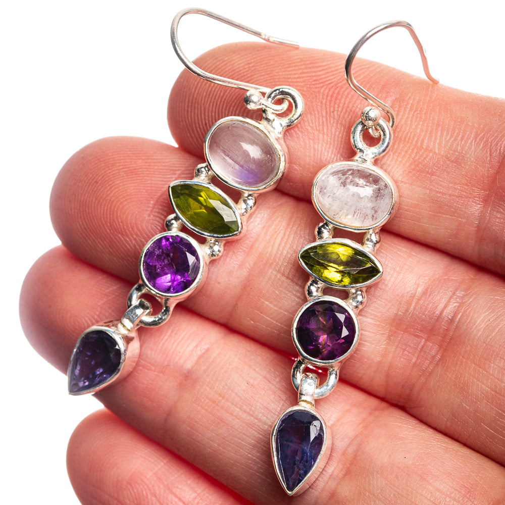 Rainbow Moonstone, Peridot, Amethyst, Tanzanite 925 Sterling Silver Earrings 2"