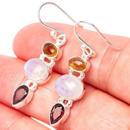 Rainbow Moonstone, Garnet, Citrine Earrings 1 1/2" (925 Sterling Silver) E1455