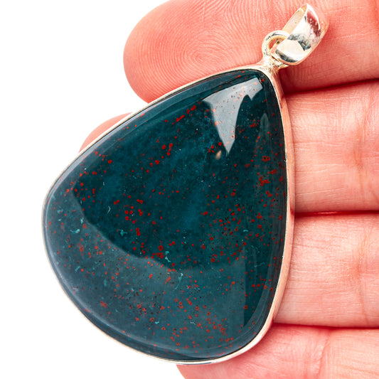 Teardrop bloodstone pendant in .925 sterling silver setting, blue-green with red speckles