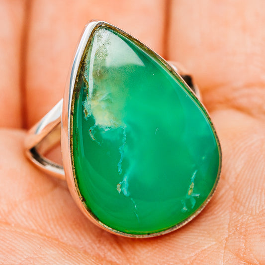 Side profile pear-shaped chrysoprase ring with green stone bezel in .925 silver, size 8