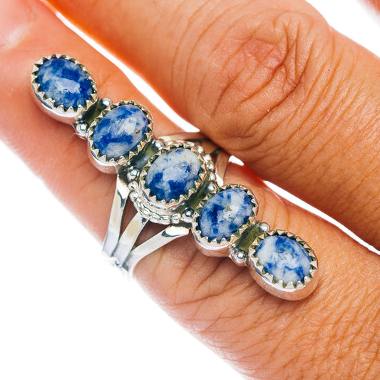 Five-stone blue gemstone shield ring, prong-set sterling silver band