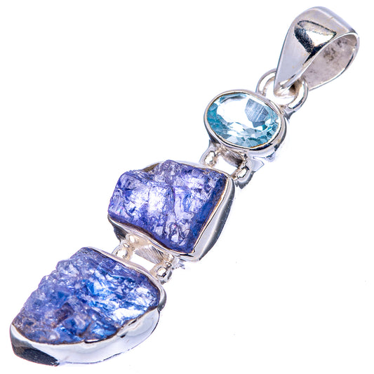 Sterling silver pendant bail with oval blue topaz and two rough purple tanzanite stones