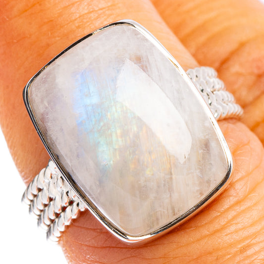 Oval rainbow moonstone sterling silver ring with smooth bezel, size 6.5