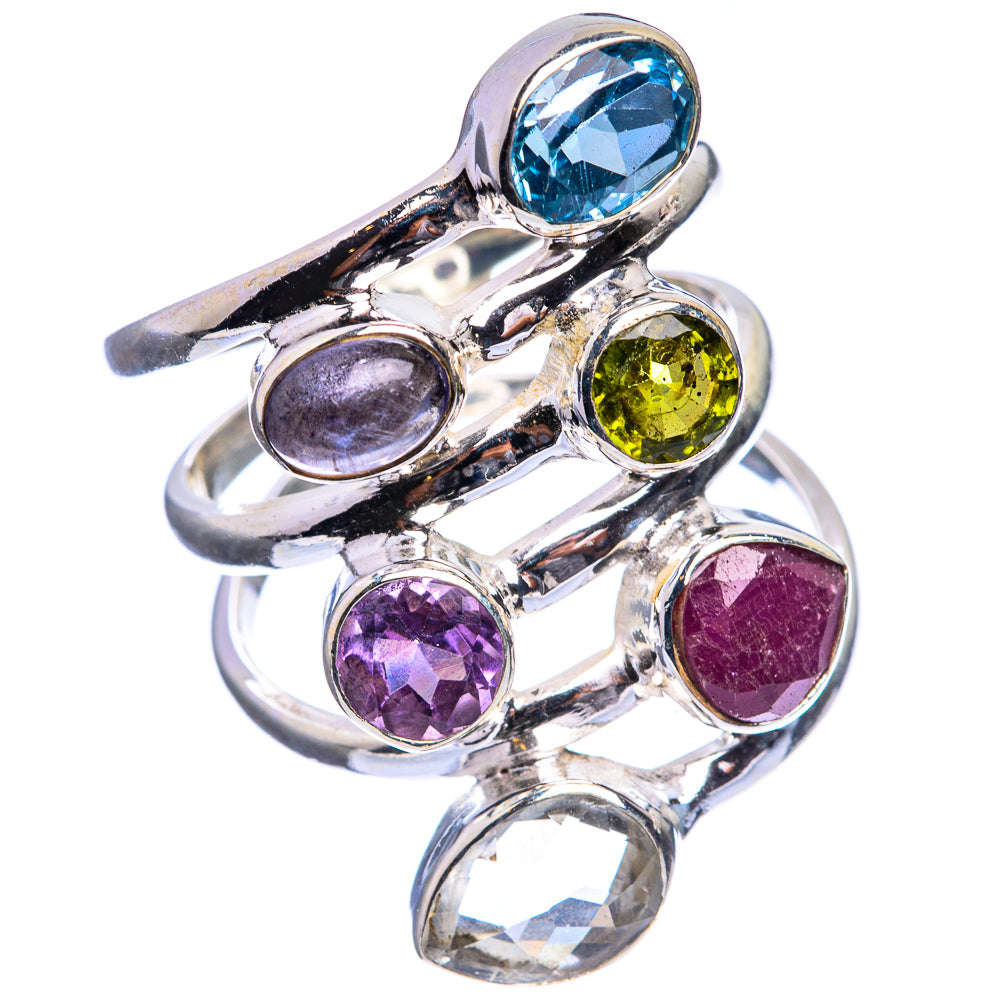 Sterling silver multi-stone ring with oval blue, yellow, purple, red, and clear gems