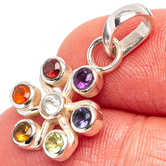 Sterling silver chakra pendant with silver bail and seven round colored gemstone accents
