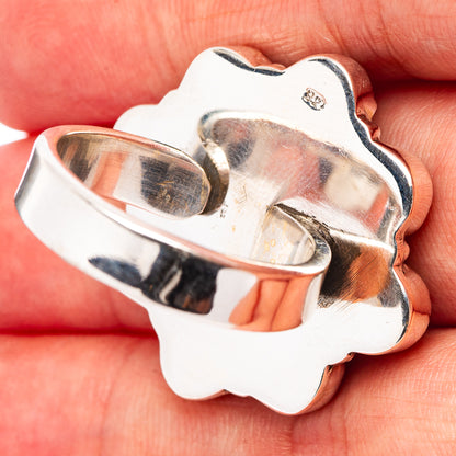 Exclusive Mohave Turquoise Flower, Honey Dahlia Turquoise Ring Size 7 Adjustable (.925 Sterling Silver)