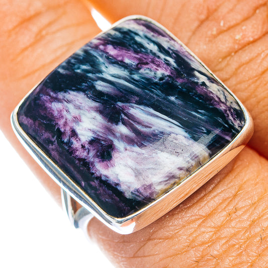 Sterling silver square ring with purple-blue gemstone cabochon