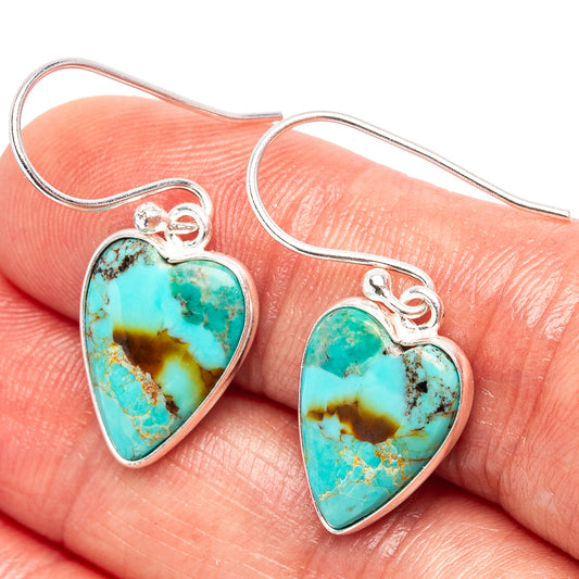 Turquoise heart earrings, .925 sterling silver, with blue-green stone and hook backs